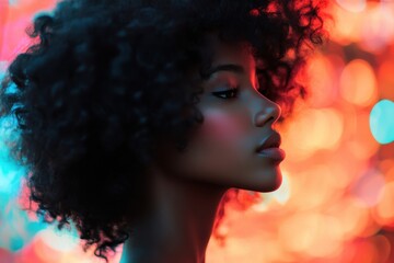 Calm expression of woman with voluminous natural curls, radiant skin, and soft makeup, shot against vivid multicolored wall.