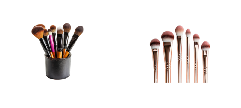 Makeup brushes in holder and standing up against dark background cut out transparent