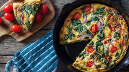 Fototapeta premium Healthy food, Low Inflammatory, Vegetable Frittata with Spinach, Tomato & Onion A protein-packed egg dish loaded with colorful veggies and nutrients.