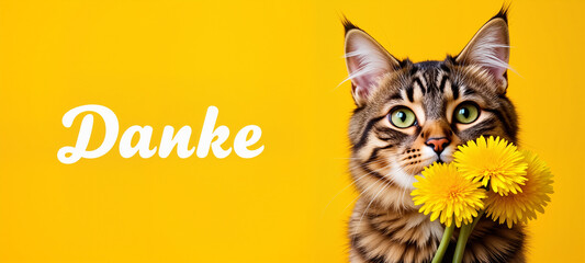 Adorable Maine Coon Cat with Yellow Flowers – Fluffy Feline Friend with Spring Blooms for Father's Day Greeting Cards, Danke Messages, and Pet Appreciation Displays