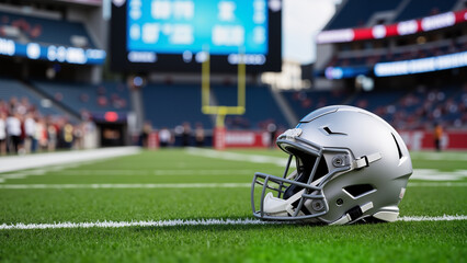 American Football Helmet on Stadium Field - Selective Focus with Copy Space for NFL Draft Analysis and April Sports Coverage