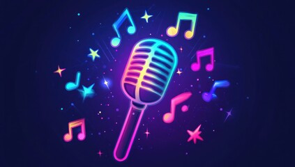 Neon Retro Microphone Music Design: Vibrant Colorful Illustration of a Vintage Microphone Surrounded by Glowing Musical Notes and Stars on a Dark Background