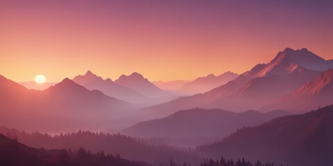 Obraz premium Misty mountains bathed in ombre sunset, vibrant sky gradient, art, twilight