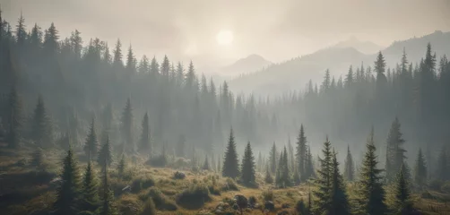 Sierkussen Mistig bos Misty mountain fir forest, vintage faded tones,  light,  misty forest  © OneWayPhoto