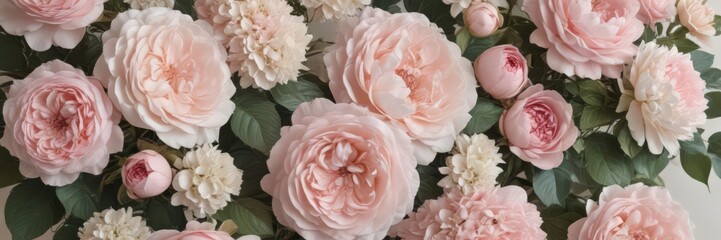Delicate artificial floral wall  Pink roses, peonies & hydrangeas in muted pastel tones, vintage aesthetic , spring, photography, floral wall panel