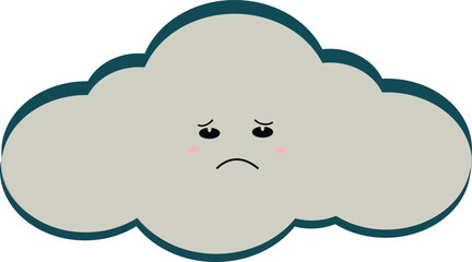 A flat digital illustration of a sad cloud emoji in kawaii style. This vector emoticon features a gloomy facial expression with teardrop eyes and a slight frown. Perfect for educational materials,