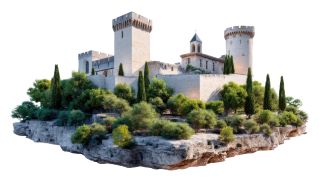 Castle Amidst the Green: A majestic castle stands proudly on a small island with vibrant green vegetation, with a light sky, evoking a sense of grandeur and timelessness. 