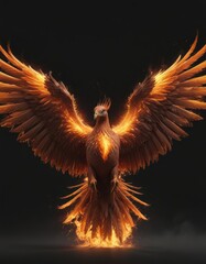 Fototapeta premium Majestic phoenix ablaze, wings spread wide against black backdrop , graphic, fiery, phoenix