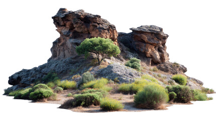 Rugged Beauty: A trio of weathered, wind-swept rock formations rises majestically against a backdrop of a cloudless sky. The rugged terrain features a lone tree.