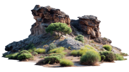 Rugged Beauty: A trio of weathered, wind-swept rock formations rises majestically against a backdrop of a cloudless sky. The rugged terrain features a lone tree.