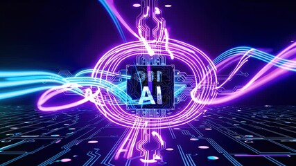 Looping animation artificial intelligence brain chip glowing neon lines representing big data machine learning futuristic tech visuals - Powered by Adobe