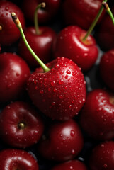 Obraz premium Close-up of wet cherries with water drops.