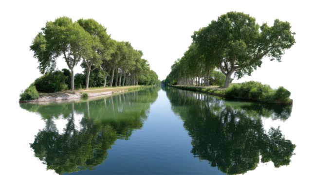 Serene Canal Reflection: A picturesque canal, flanked by lush trees, mirrors the tranquil scene in its glassy water, creating a symmetrical and harmonious landscape.