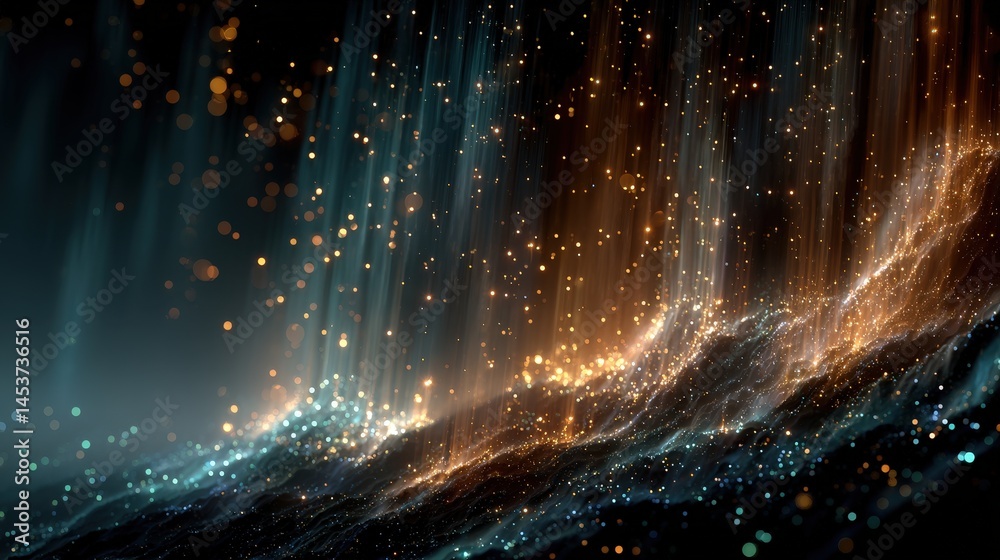 Poster Dark and glowing background featuring radiant particles creating a captivating and enchanting visual experience