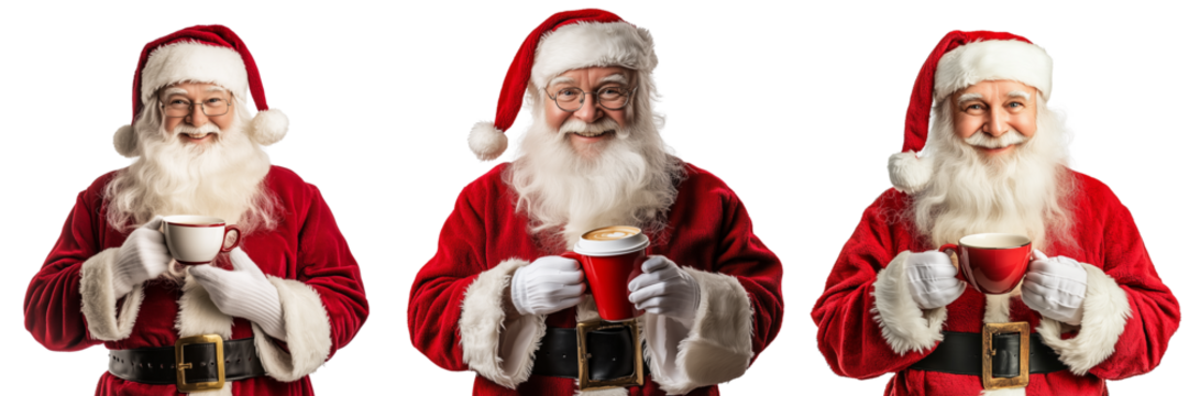 Set of A joyful Santa Claus holding a giant candy cane, wearing his iconic red suit with white fur trim on transparent png background. Ai generated - Powered by Adobe