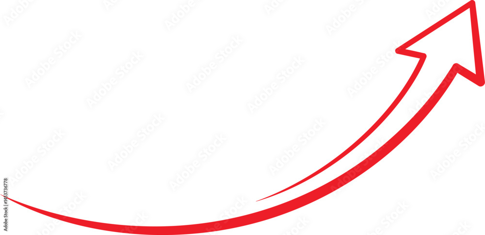 Poster simple red arrow with an arc aiming upper right and a tiny spiral on the transparent background ai g