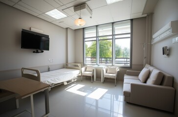 Fototapeta premium A modern hospital patient room with a bed, couch, table, and medical equipment, featuring white walls, a window, minimal furniture, and ceiling lights, designed for patient comfort and recovery.