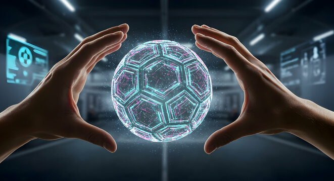 Futuristic Soccer Ball Hologram  Sports Technology Innovation Digital Display Virtual Reality Augmented Reality Interactive Entertainment