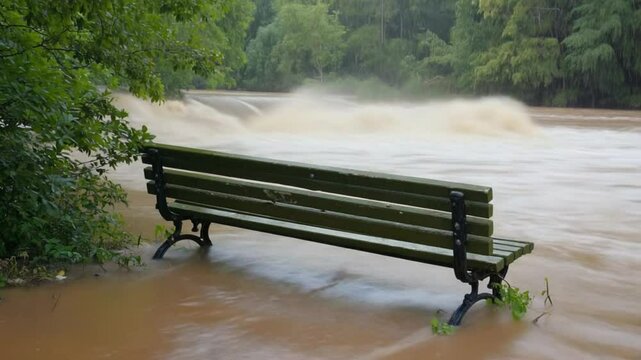 Bench in floodwaters during heavy river overflow