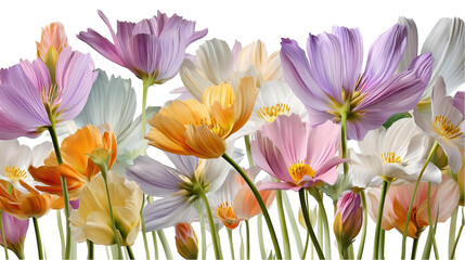 A vibrant arrangement of colorful flowers in full bloom, set against a soft background
