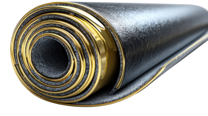 Rolled Black Yoga Mat with Gold Edge: A high-quality, rolled-up black yoga mat featuring a stylish gold edge detail, ready for use. Perfect for studio or home practice.