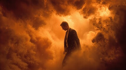 Obraz premium Professional man in business attire walking through a dramatic cloud of fire symbolizing challenges and resilience