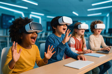 A group of enthusiastic children in a modern classroom experience virtual reality using VR headsets.