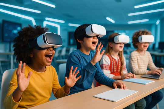 A group of enthusiastic children in a modern classroom experience virtual reality using VR headsets.