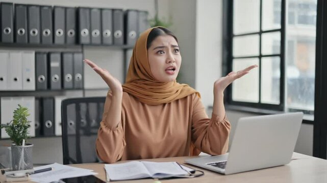 Frustrated businesswoman in hijab raising hands while working on a laptop at the office desk