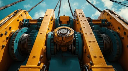 Industrial equipment shot with strong color contrast between roller and soft sky