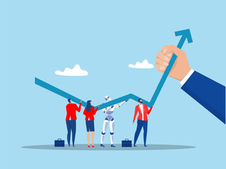 Team Business and robot or ai Artificial Intelligence help grow rising arrow chart partnership to develop Growth strategy or improve work efficiency concept