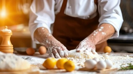 A chef is kneading dough with passion and precision in a cozy kitchen setting