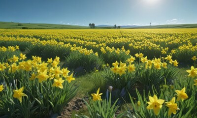 Fototapeta premium Lush green field dotted with bright yellow daffodils blooming under a clear, azure sky , yellow, yellow flowers