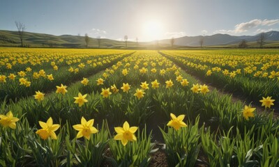 Fototapeta premium Lush green field awash with sunny yellow daffodils in full bloom , garden, day, vibrant