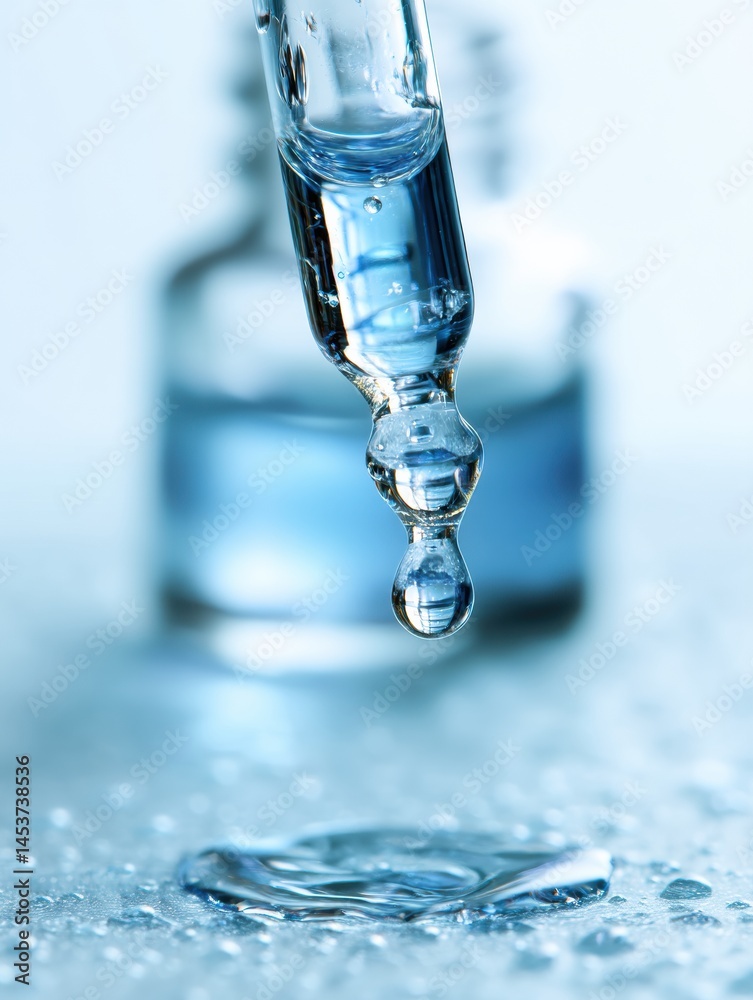 Aufkleber droplet of clear liquid medicine suspended in air above a sterile surface with a blurred vial in the