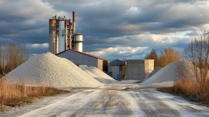 Obraz premium Industry landscape featuring heaps of coarse gravel and fine sand at processing plant