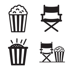 Vector icon set of popcorn and directors chair in silhouette style arranged in 8x8 grid