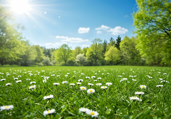 Sunny spring meadow with daisies and lush green grass perfect for a relaxing picnic or outdoor activities
