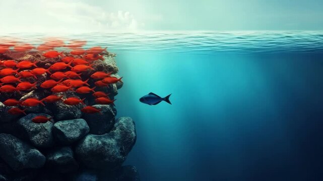 fish in red Ocean and blue ocean symbolize business strategy target group	