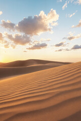 Sunset over the sand dunes in the desert. Landscape of the desert