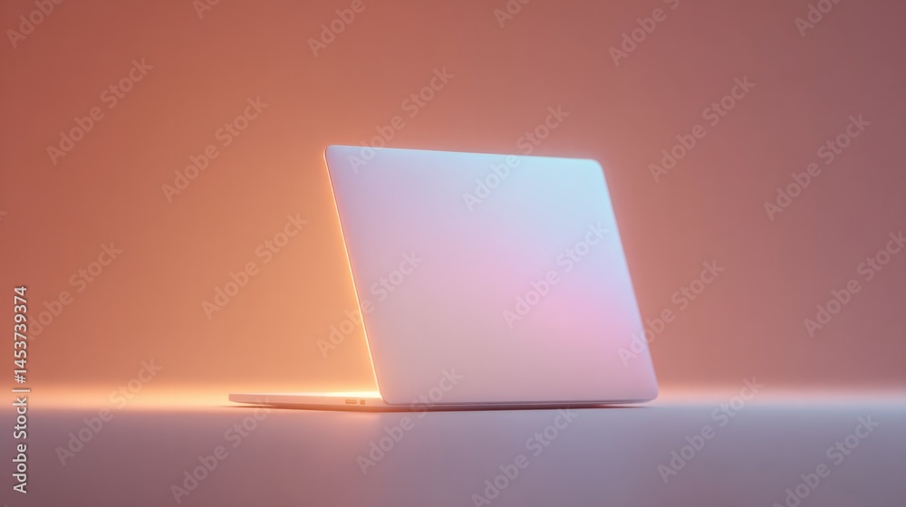 Fototapete modern computer sits on desk with vibrant neon background surrounded by minimal elements