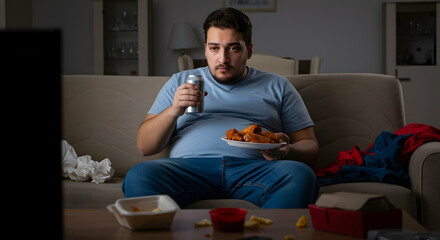 Overweight man watches TV eating fried chicken unhealthy lifestyle weight gain sedentary behavior obesity health issues bad habits