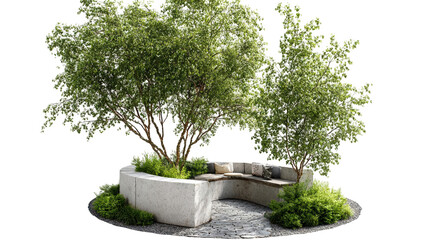 Serene outdoor seating area surrounded by lush trees and greenery, inviting relaxation