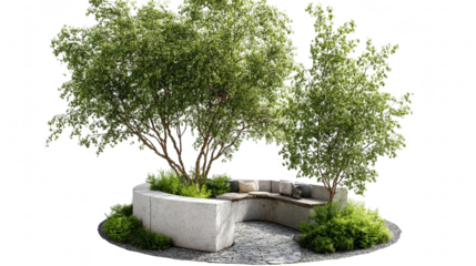 Serene outdoor seating area surrounded by lush trees and greenery, inviting relaxation