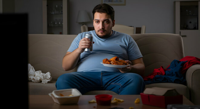 Overweight man watches TV eating fried chicken unhealthy lifestyle weight gain sedentary behavior obesity health issues bad habits