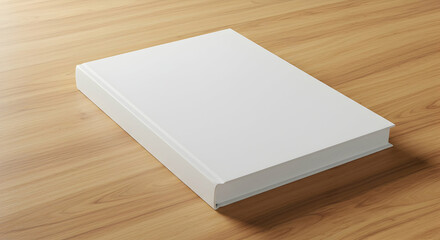 Fototapeta premium Blank white hardcover book mockup on wooden table surface reading learning education textbook information knowledge