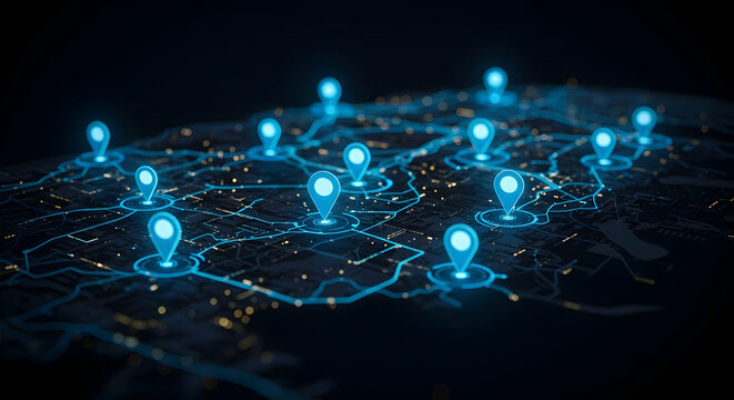 Night time city map with glowing location pins navigation route GPS tracking logistics delivery network distribution system