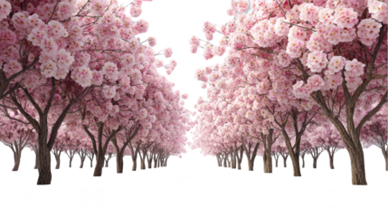 Serene pathway lined with blooming cherry blossom trees under a clear blue sky