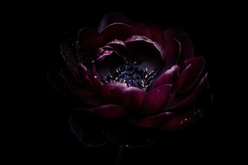 Dark and Elegant Flower with Dew Drops Against a Black Background, Highlighting Natural Beauty