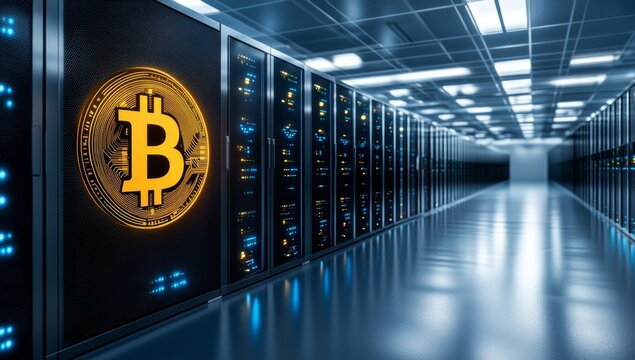 Bitcoin logo glowing in futuristic server room